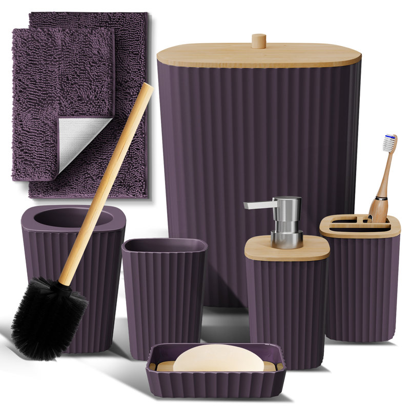 Ensemble complet d'accessoires de salle de bain 8 pièces avec accents en bambou, poubelle, brosse de toilette et 2 tapis de bain inclus