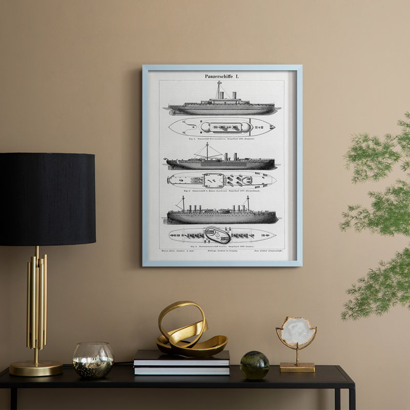 Reproduction encadrée de bateau industriel - bois massif, H 30 po x l 24 po, Bleu