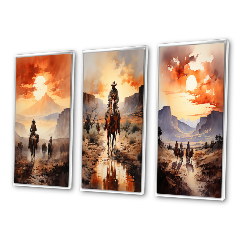 «Cowboy Chassing The Sunset», 3 pièces, Cadre blanc, H 20 po x l 36 po