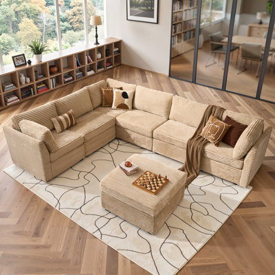 Ensemble de canapé modulaire en forme de L en velours côtelé moelleux avec repose-pieds mobile, ensemble de salon rembourré et moelleux