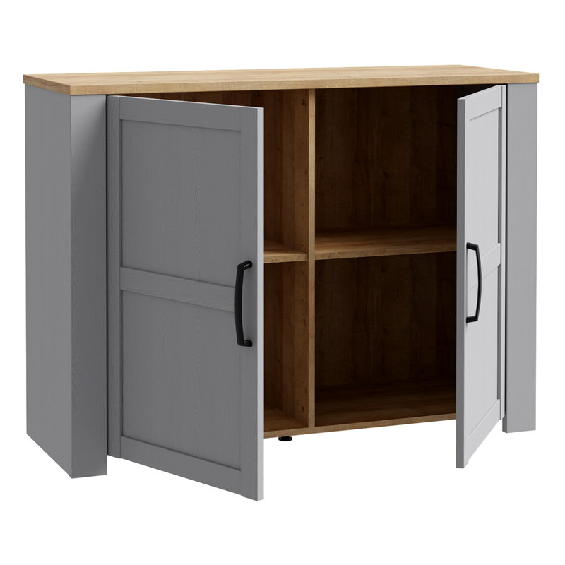 Farmhouse style cupboard with 2 doors, living room, bedroom, engineered wood, grey/warm oak decor, 116.4 cm W x 87 cm H x 42 cm D