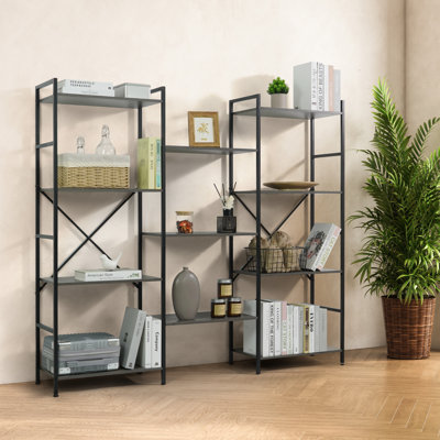 Triple Column 4 Tier Bookshelf, Industrial Triple Bookcase with 11 Open Display Shelves, Adjustable Wide Shelf for Living Room, Bedroom, Home and Office, Dark Grey