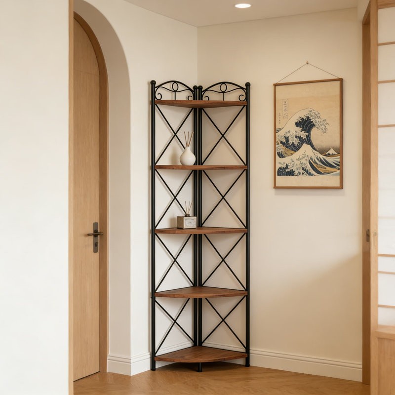 Étagère d'angle à 5 niveaux, grande bibliothèque d'angle avec structure en métal, étagère de rangement peu encombrante pour le salon, la chambre à coucher, le bureau, la cuisine, finition brun rustique