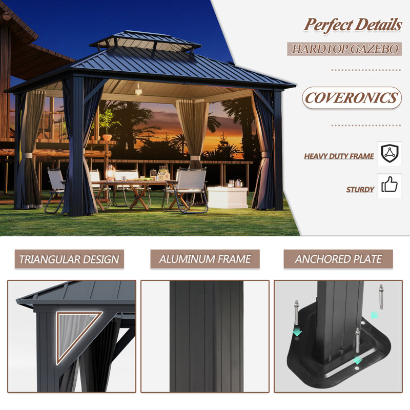 Aluminum Patio Gazebo - Galvanized Steel Hardtop Gazebo with Curtains & Netting, 14 ft. W x 12 ft. D