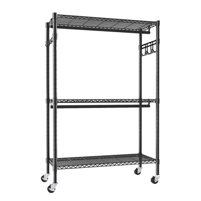 Heavy Duty 3-Tier Adjustable Rolling Clothes Rack with Wheels, 2 Hanging Rods, and Side Hooks for Versatile Storage