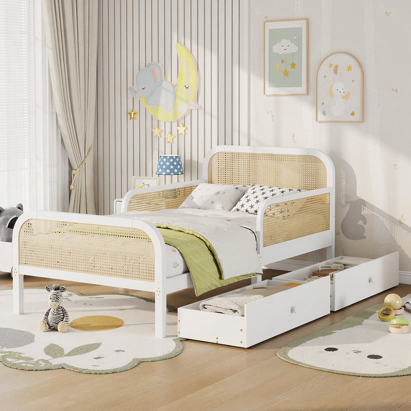 Structure de lit plateforme simple avec 2 tiroirs de rangement, lit en rotin pour enfants avec tête et pied de lit, blanc