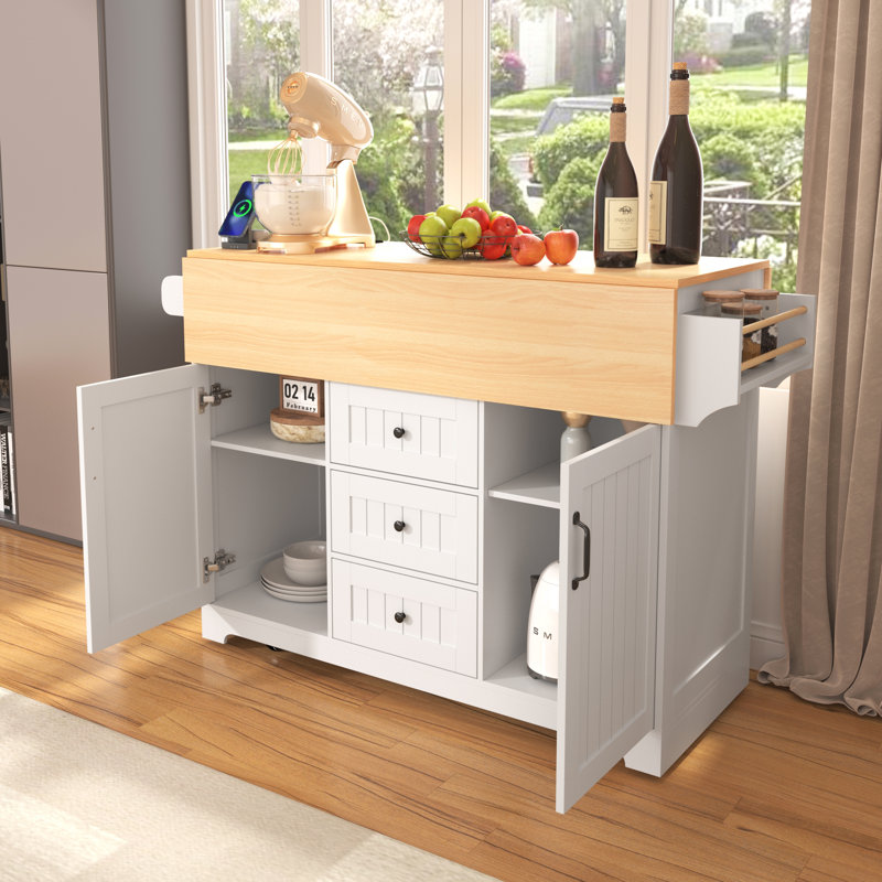 55.7'' Large Kitchen Island With 2 Drop Leaf,, Rolling Kitchen Cart On 5 Wheels With Power Outlet, Folding Storage Dining Table With Spice & Towel Rack , 3 Drawers, For Kitchen, Dining Room,White