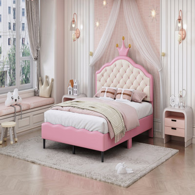 Structure de lit pleine grandeur princesse en cuir PU avec tête de lit capitonnée, rose et crème