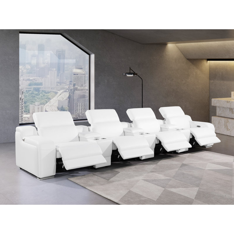Canapé inclinable 7 pièces en cuir italien 7 pièces avec repose-tête électrique, Cuir véritable blanc