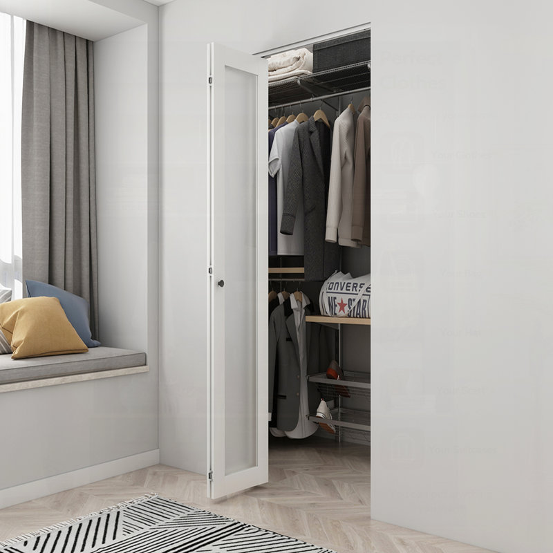 Porte pliante double en panneau de fibres à densité moyenne avec panneau de quincaillerie et poignée de porte en verre givré blanc pour les intérieurs modernes et l'efficacité de l'espace