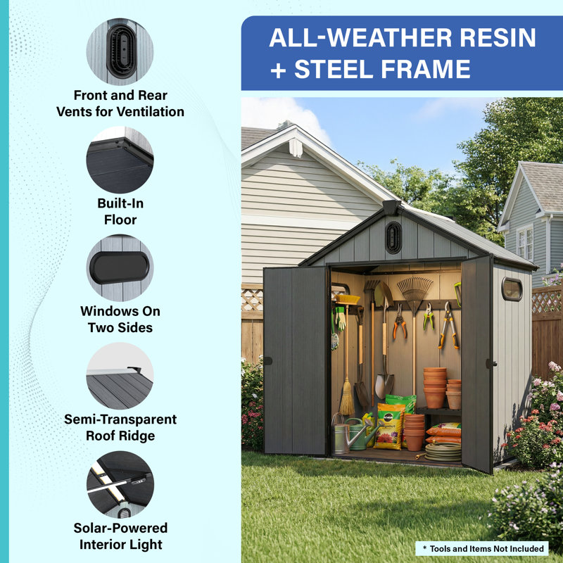 Plexalife 6×4 Heavy-Duty Outdoor Resin Storage Shed with Custom-Fit Solar Light Included Windows & Double Doors, Weatherproof & UV-Resistant Garden and Tool Shed with Metal Reinforcement & Ventilation, Light Grey - by a Trusted USA Brand.