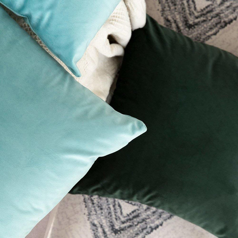 Housse de coussin en velours uni, Bleu-vert, H 22 po x l 22 po