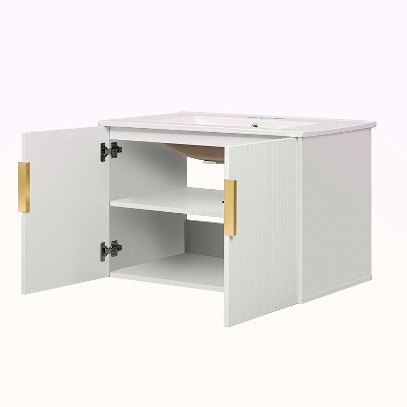 Meuble-lavabo de salle de bain vintage 30 po avec lavabo en céramique, lavabo simple en céramique à 3 trous, meuble-lavabo avec 2 portes à fermeture douce