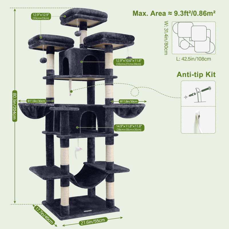 CT81F Big Cat Tower For Indoor Cats, XXL Cat Tree With Scratching Post, Hammock, Perches, Condos, And Hanging Baskets For Multiple Adult Cats