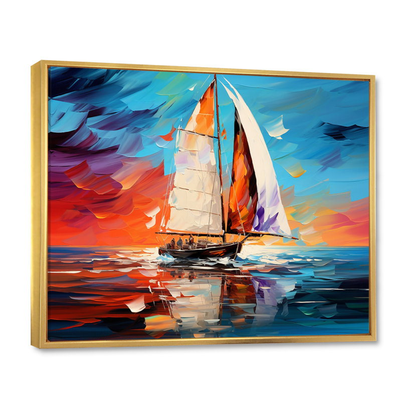 Voilier abstrait maritime I, H 34 po x l 44 po x P 1,5 po, Cadre flottant doré
