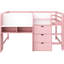 Lit mezzanine bas rose pleine grandeur avec bureau intégré, bibliothèque ouverte, armoires de rangement, caractéristiques et solution d'économie d'espace pour la chambre à coucher en rose, construit sous le rangement, tableau blanc, marqueur sécuritaire-300147310