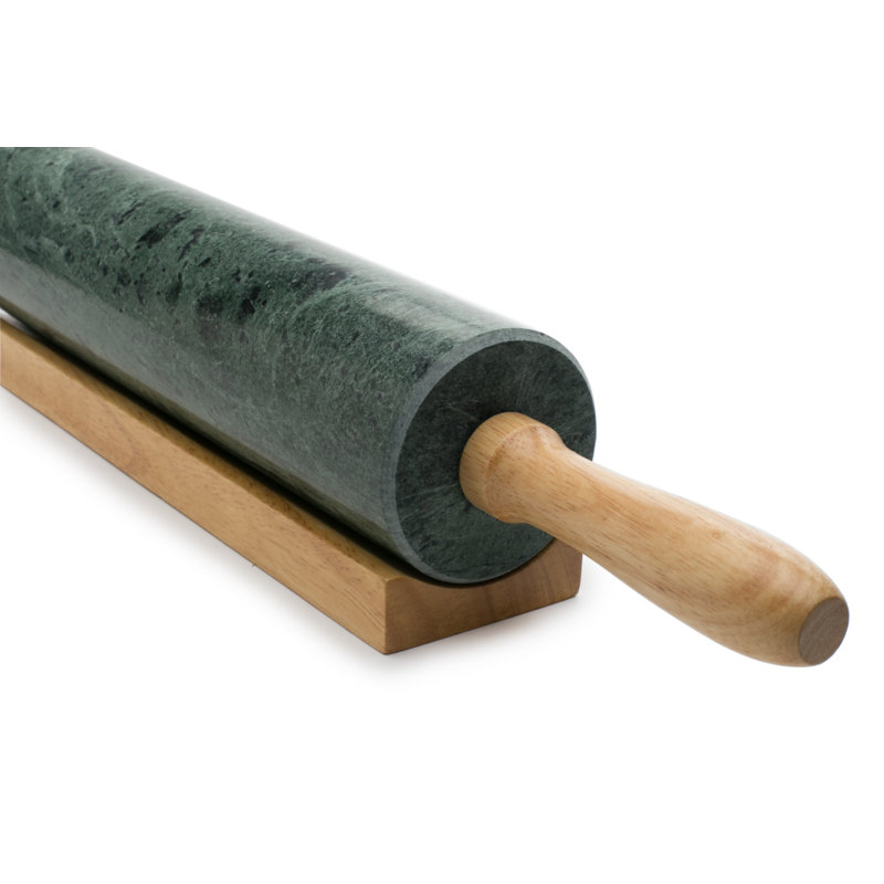 Green Marble Rolling Pin with Wooden Handles and Base