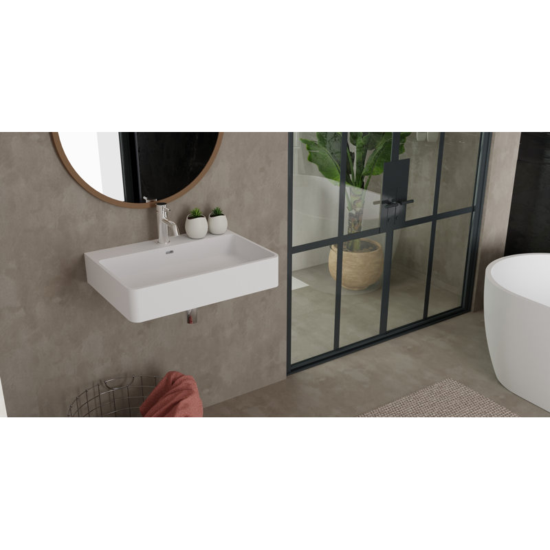 Lavabo de salle de bain mural rectangulaire en résine avec trop-plein 23,6 po x 17,7 po Badeloft WT-01-M-M, Blanc mat