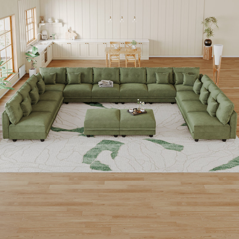 14 Seat Corduroy Convertible Modular Sectional Sofa With Storage, 12 Back Cushion 12 Throw Pillow, Green Corduroy