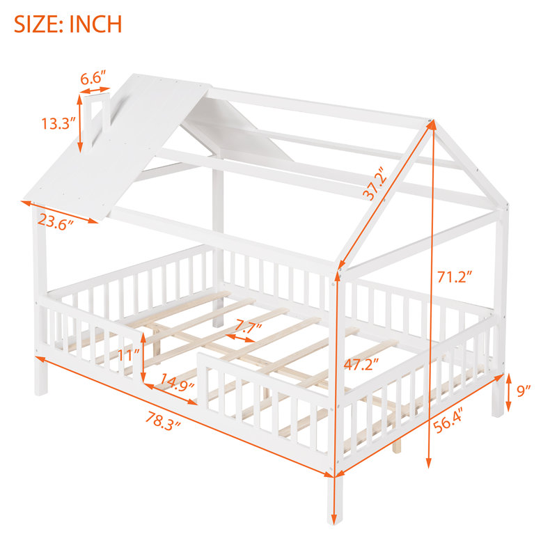 Wood House Bed With Fence, White, Full