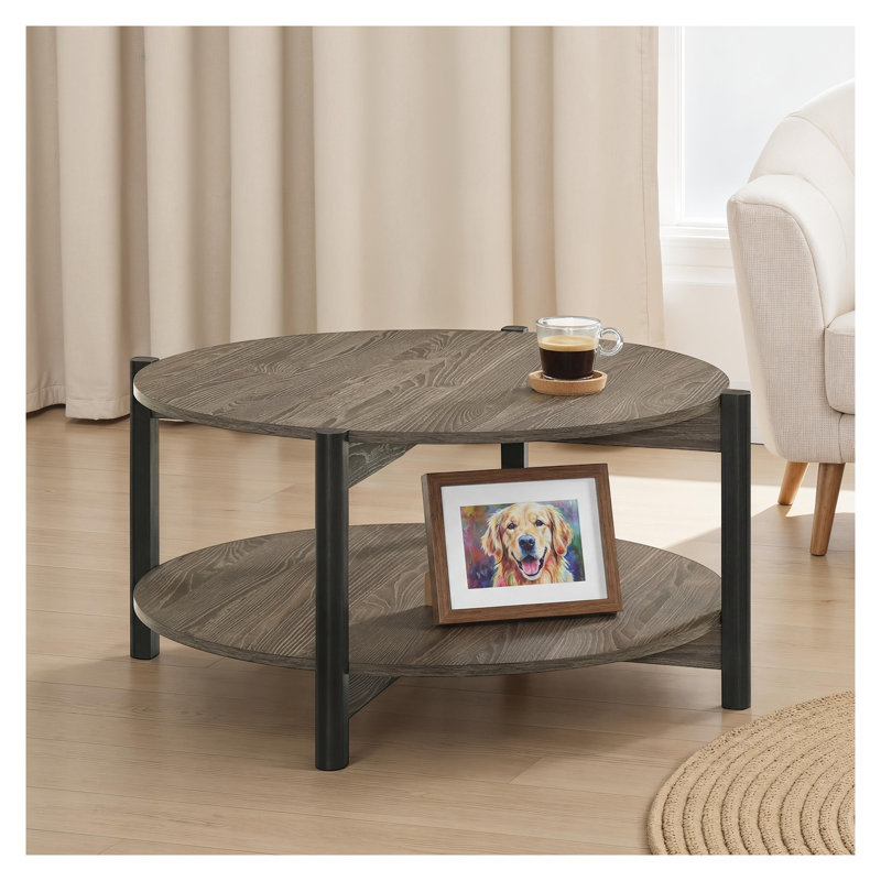 Table basse transitionnelle ronde avec tablette ouverte, meubles en bois d'ingénierie gris foncé et pieds en métal pour le salon