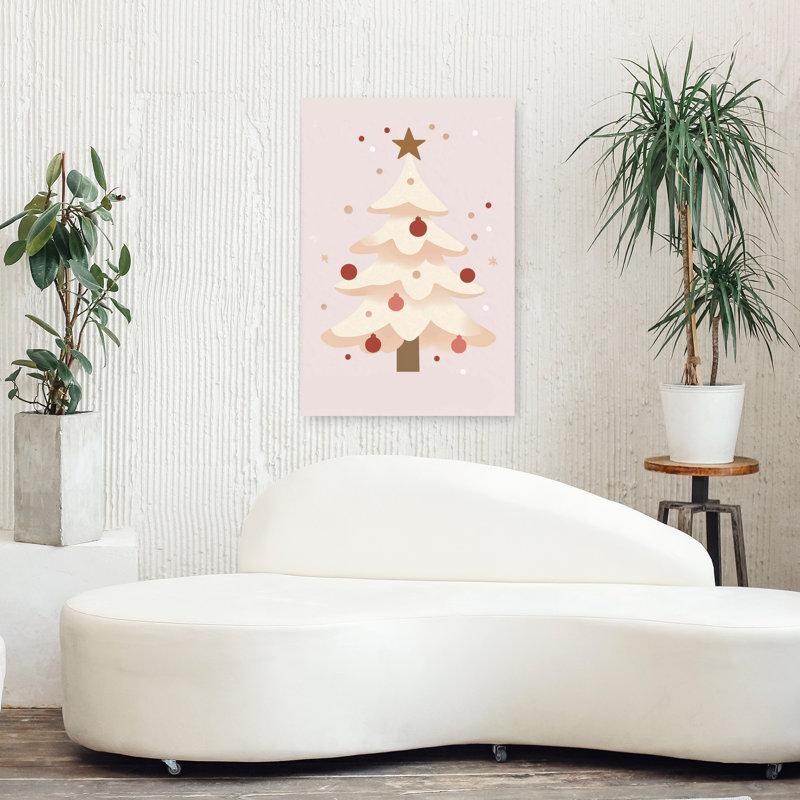 Soft Pink Christmas Tree Minimalist Abstract Contemporary Christmas Tree Winter Landscape Wall Art Print by Mathieu - Wrapped Canvas Print