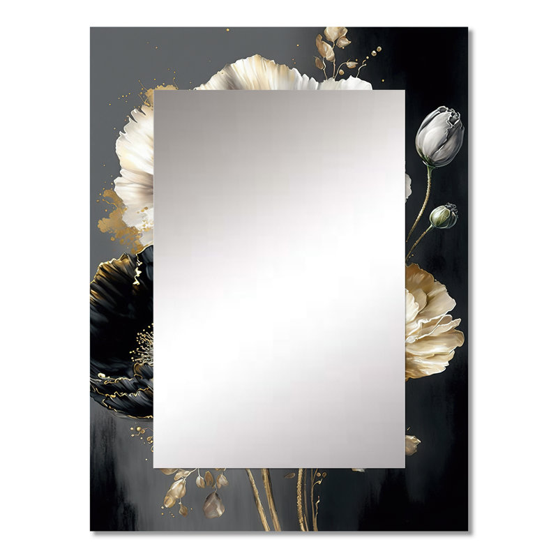 Bouquet de fleurs gris doré I - miroir mural décoratif floral, grand miroir traditionnel, impression d'art en métal