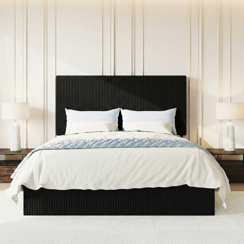Modern Corduroy Fully Upholstered Platform Bed With Headboard, No-Dust Design, No Box Spring Needed, Black, Queen