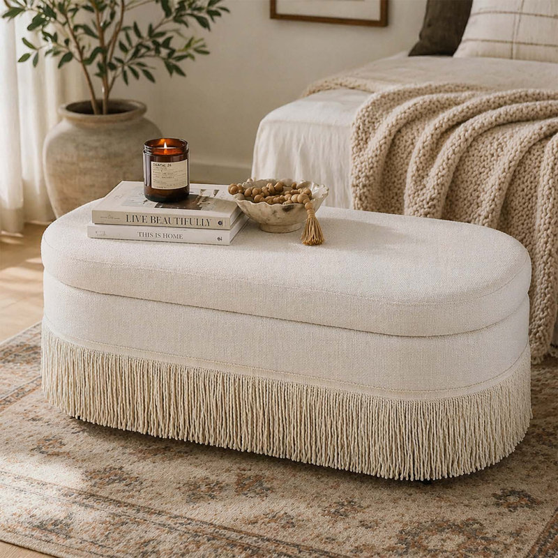 Repose-pieds ovale rembourré avec rangement à franges et couvercle relevable, Beige + noir