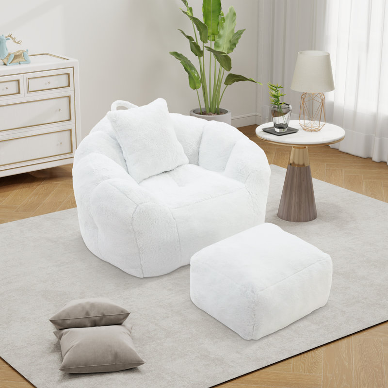 Compression Oversized Bean Bag For Adults And Kids, Faux Fur Large Chair With Filler, White Faux Fur