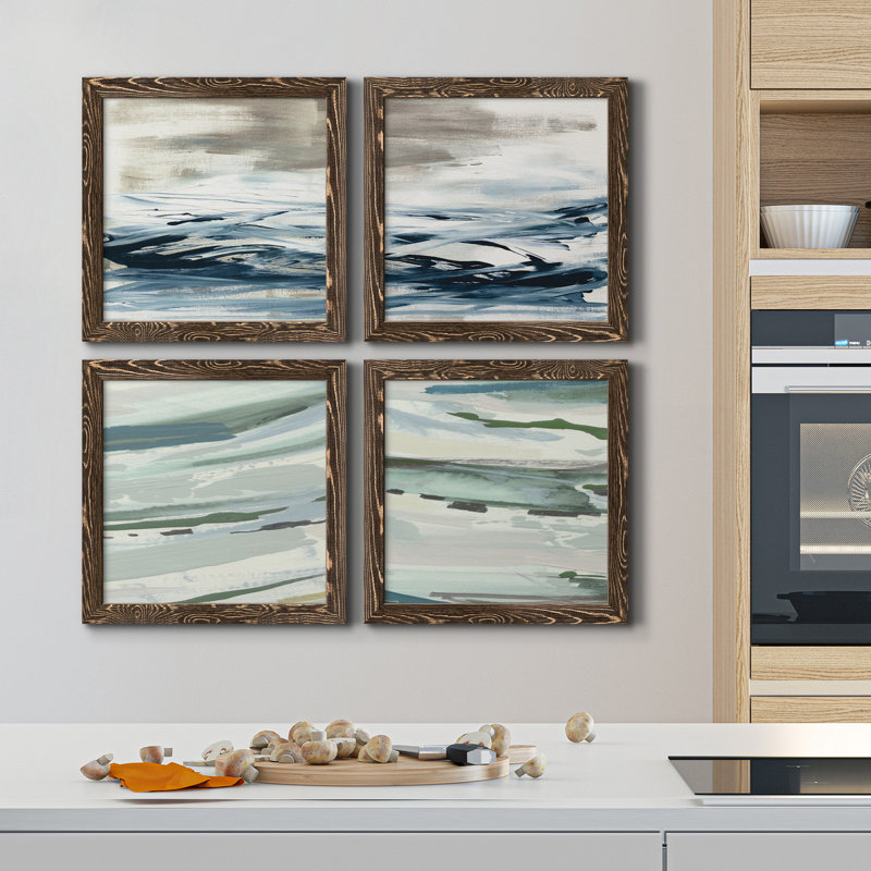 Tumultous Indigo I - ensemble de 4 peintures sur toile encadrées, H 27,5 po x l 110 po x P 1,5 po, Encadré toile noyer