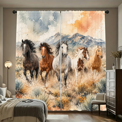 2 panneaux de rideaux filtrant la lumière, aquarelle, cheval sauvage, montagne, paysage, esthétique, décoration intérieure, conception facile avec passe-tringle, rideaux de fenêtre toutes saisons pour le salon