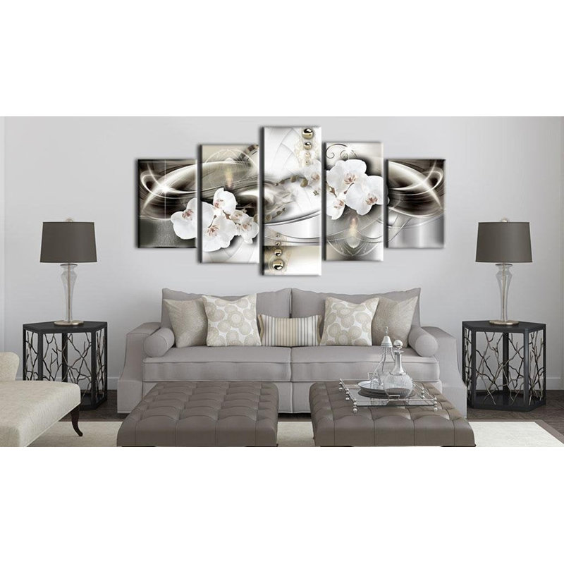 Orchidées parmi les vagues d'or sur toile, reproduction de 5 pièces, H 40 po x l 80 po x P 0,7 po