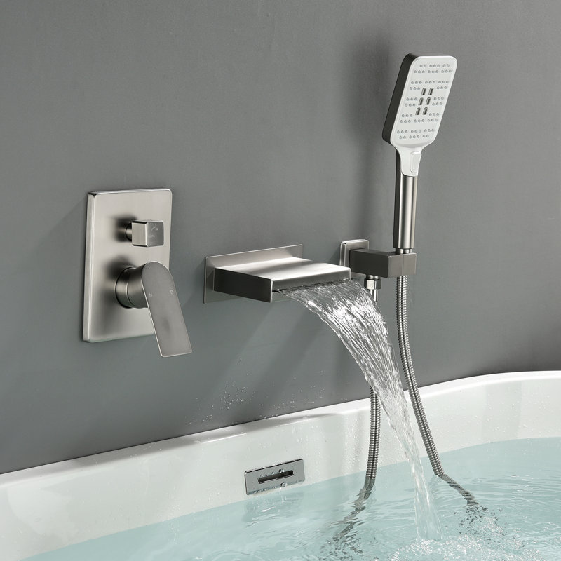 Robinet de baignoire mural avec douche à main et robinet de salle de bain à poignée simple Waterfall, Nickel brossé