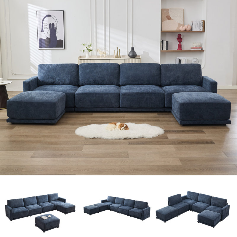 4 - Piece Sectional Sofa Set with 2 Ottomans, Blue Chenille