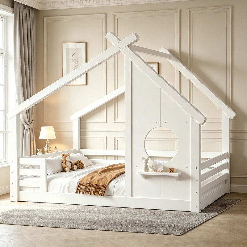 Lit House House avec fenêtre et petite tablette, Lit simple, White