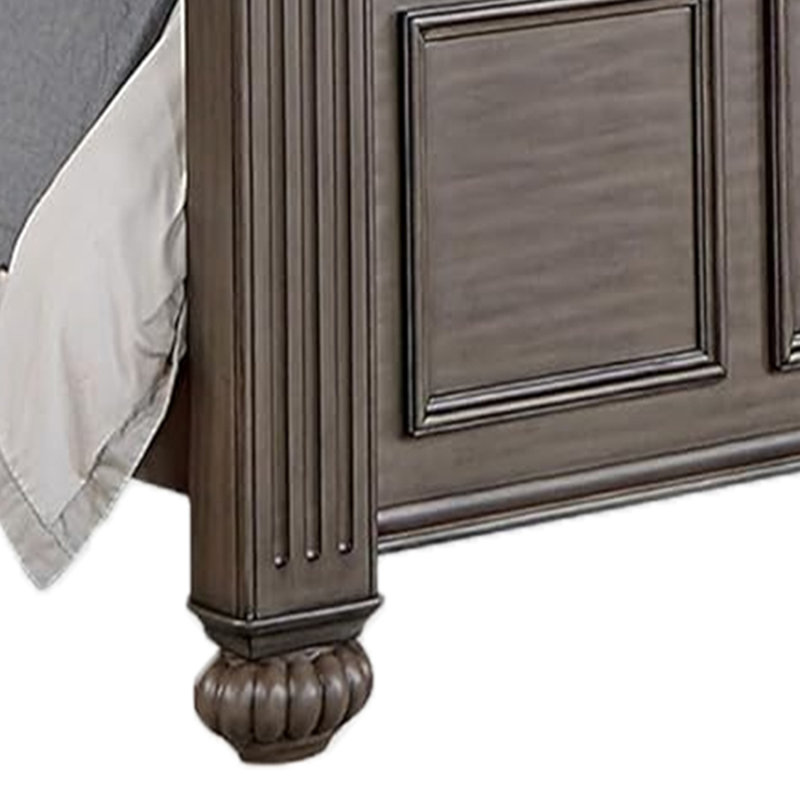 Recus Queen Bed, Carved Floral Details, Arched Headboard, Gray Wood, Queen