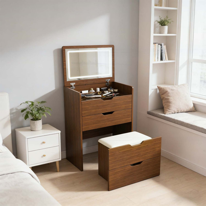 Bureau de coiffeuse 3-en-1 avec miroir éclairé et tabouret de rangement, coiffeuse compacte pour la chambre à coucher, la salle de bain ou le vestiaire (23 po, noyer)