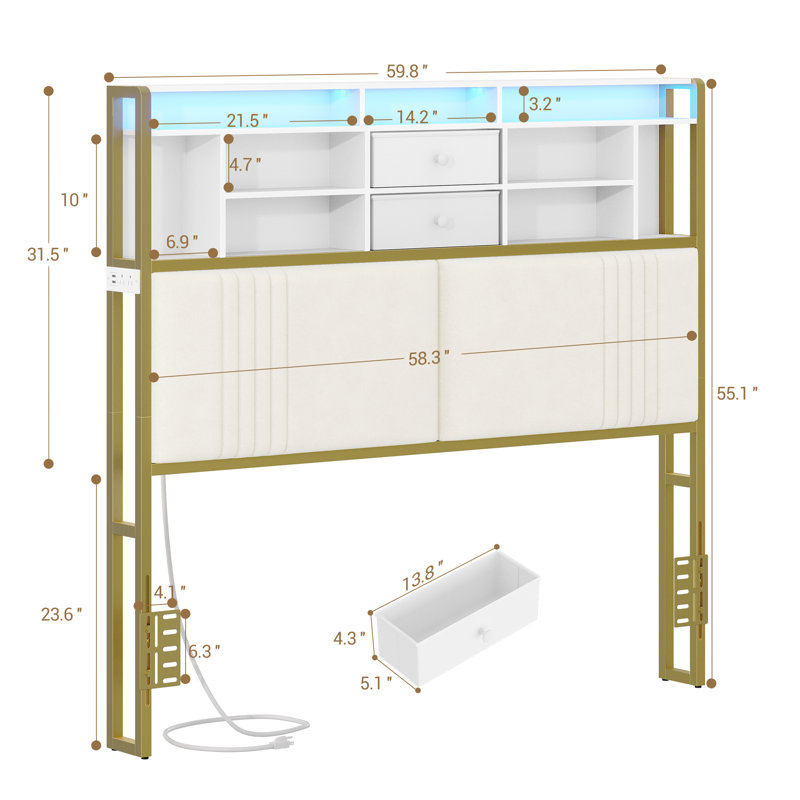 Headboard with 3-Tier Storage Shelves, Queen Size Headboard with Outlet, 2 USB Ports & LED Light, Velvet Upholstered Headboards with Two Fabric Drawers, White and Gold