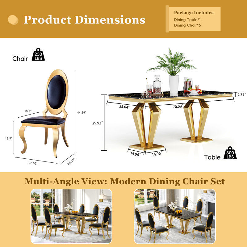 7-Piece Dining Table Set, Marble Veneer Mdf Dining Table, With 6 Faux Leather Dining Chairs, Black/Gold/Black