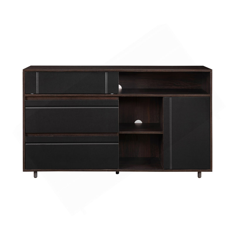 Buffet contemporain à portes détaillées avec rangement ouvert - Espresso foncé / noir