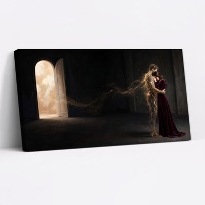 Tableau sur toile représentant un homme rayonnant enlaçant une femme près d'une porte cintrée lumineuse