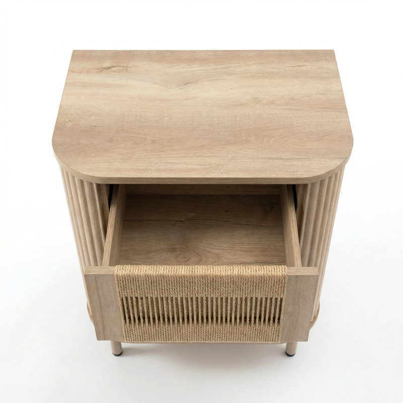 Cord End Table with Storage Drawer and Open Shelf Nightstand for Living Room, Bedroom, Natural Wood