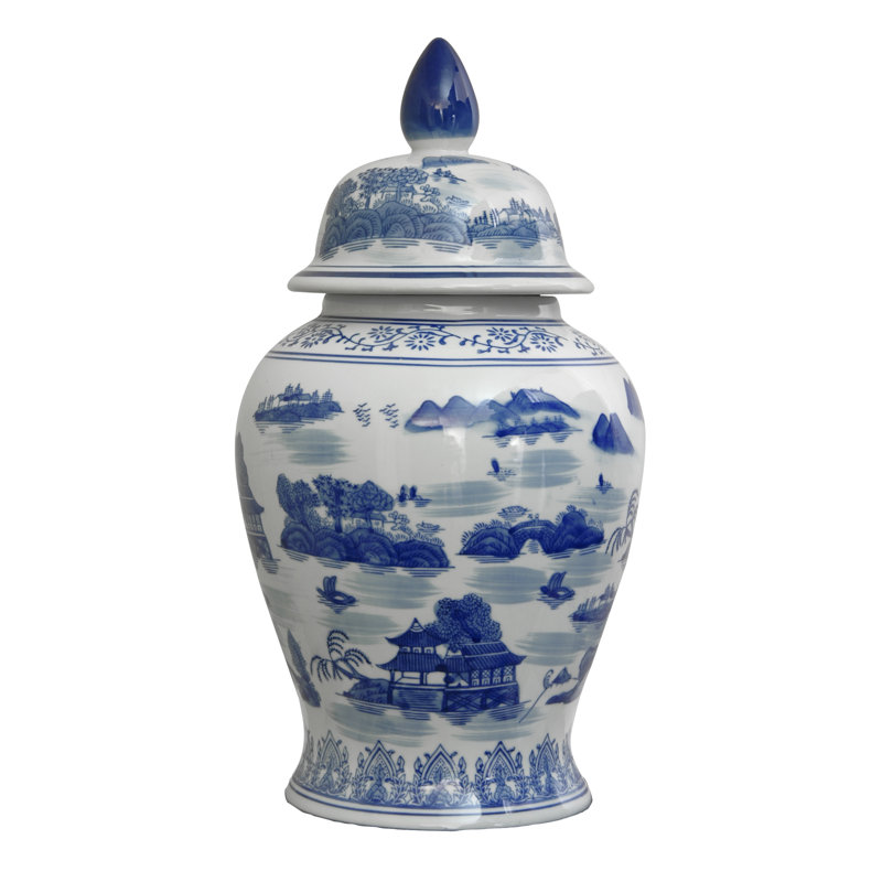 Pot de temple chinois intemporel, Paysage bleu, 18"