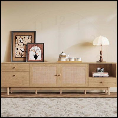 Meuble télé pour grands téléviseurs Boho, centre de divertissement avec rangement ouvert et tiroirs, console multimédia en bois avec rotin véritable