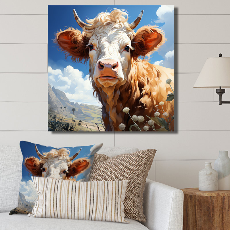 Portrait de vache dans une prairie fleurie - vache, art mural, H 30 po x l 30 po x P 1,5 po, Toile tendue