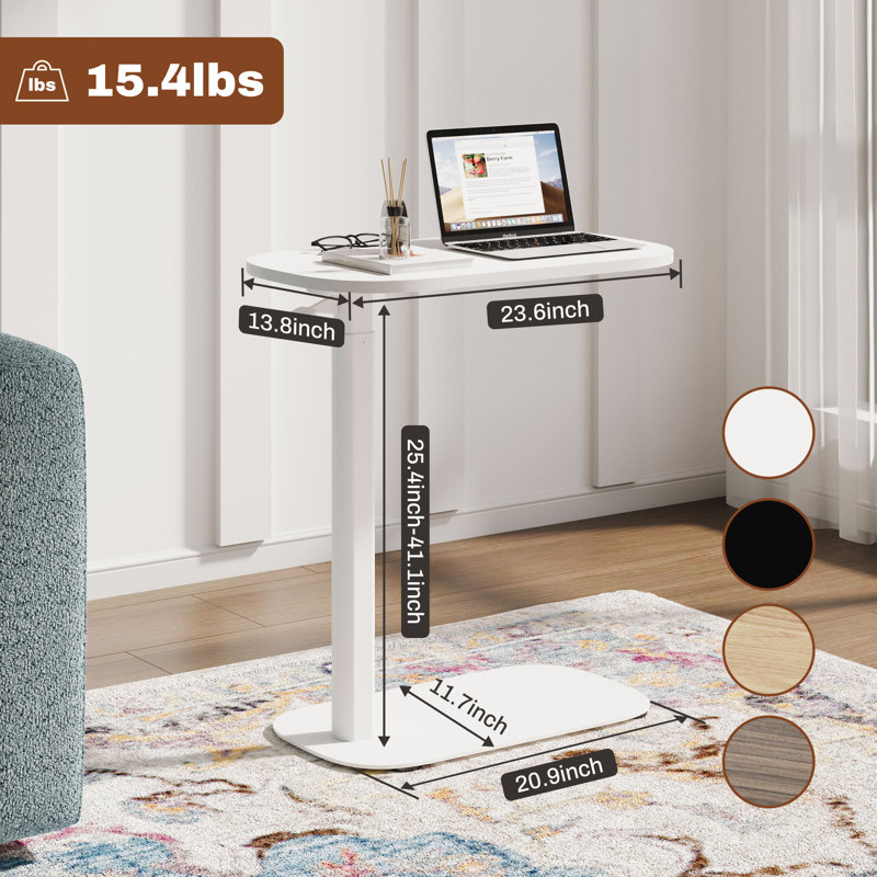 Table de chevet ajustable pneumatique pour ordinateur portable à hauteur réglable avec plateau, Blanc