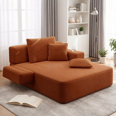 Oversized Corduroy Convertible Sofa Bed, 2‑in‑1 Chaise Lounge with Spring Cushion, Wide Armrests & Side Storage Pocket, No Assembly,Orange
