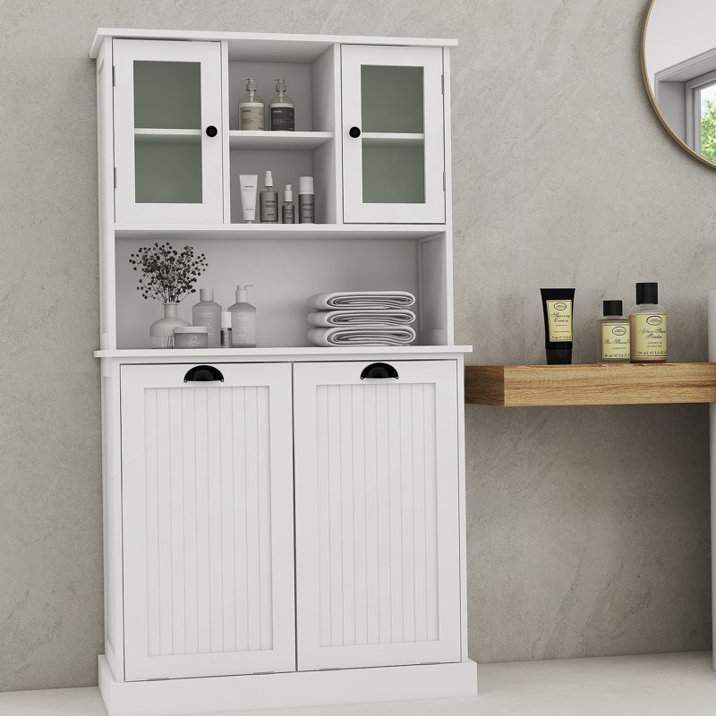 Two-Compartment Tilt-Out Dirty Laundry Basket Tall Bathroom Cabinet