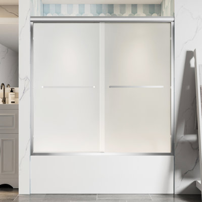 Porte de baignoire coulissante en verre trempé nano 1/4 "60" x 58 "à cadre en aluminium avec poignées en acier inoxydable, nickel
